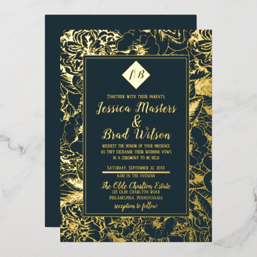 monogram | Floral Wedding Dark Blauwgroen | Goud Folie Uitnodiging (Voorkant / Achterkant)