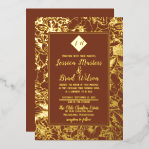  monogram   Floral Wedding Terracotta  Goud Folie Uitnodiging