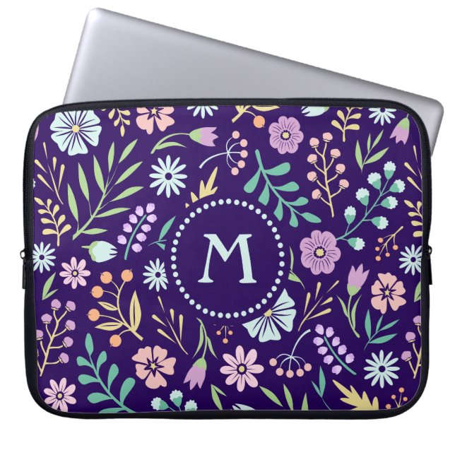 Monogram Floral Whimsical Boho-laptophoes Laptop Sleeve (Voorkant)