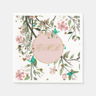 Monogram Floral White Pink Elegant Gold Birthday Servet