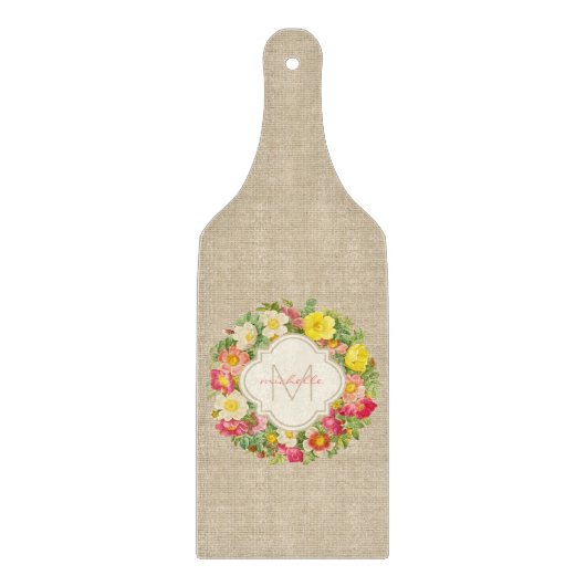 Monogram  Floral Wreath Linen Cutting Board Snijplank (Voorkant)
