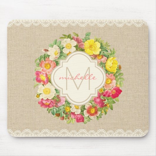 Monogram  Floral Wreath Linen Lace Mousepad Muismat (Voorkant)