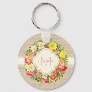 Monogram Floral Wreath Linen Lace Sleutelhanger