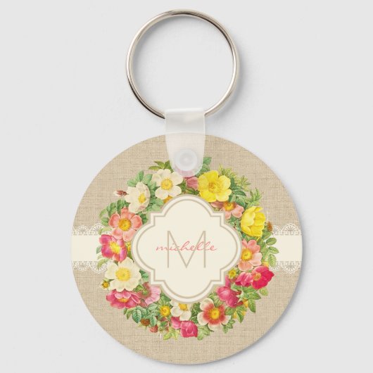 Monogram Floral Wreath Linen Lace Sleutelhanger (Voorkant)
