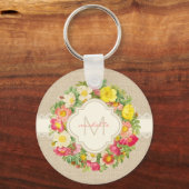 Monogram Floral Wreath Linen Lace Sleutelhanger (Voorkant)