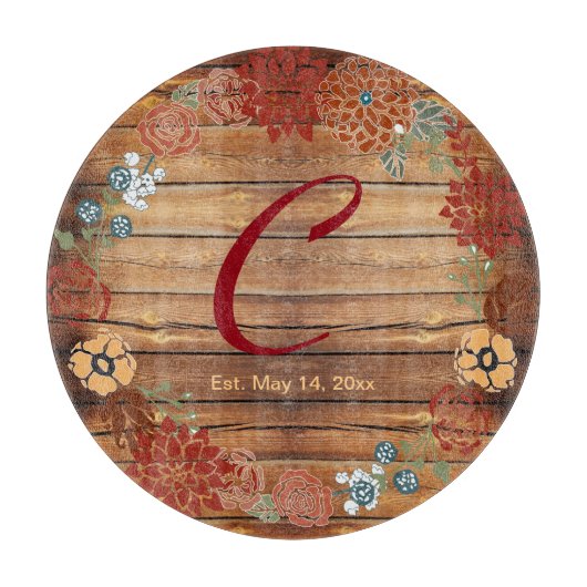 Monogram Floral Wreath op Barn Wood Snijplank (Voorkant)