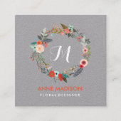 Monogram Floral Wreath Square Vierkante Visitekaartje (Voorkant)