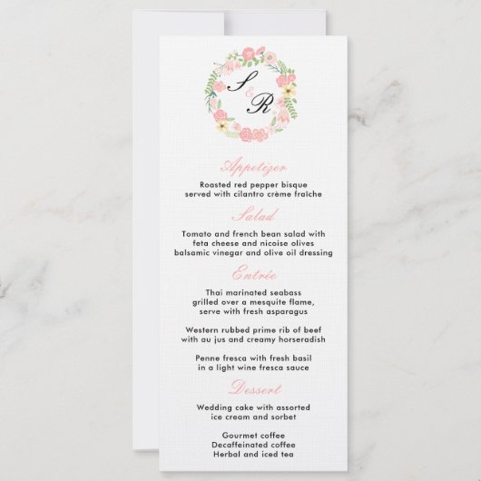 Monogram Floral Wreath Wedding Party Menu Kaart (Voorkant)