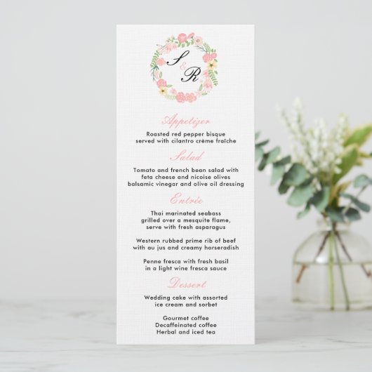 Monogram Floral Wreath Wedding Party Menu Kaart (Staand voorkant)
