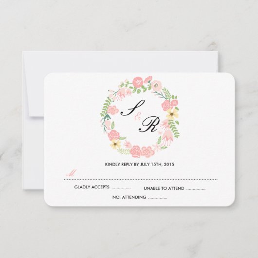 Monogram Floral Wreath Wedding RSVP Kaart (Voorkant)