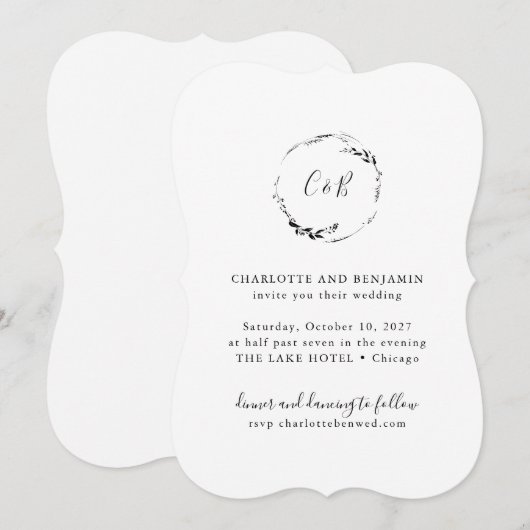 Monogram Floral Wreath White Script Wedding Kaart (Voorkant / Achterkant)