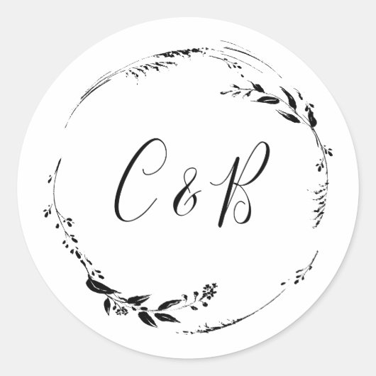 Monogram Floral Wreath White Script Wedding Ronde Sticker (Voorkant)