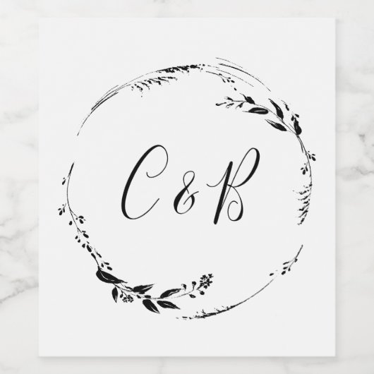 Monogram Floral Wreath White Script Wedding Wijn Etiket (Enkel label)