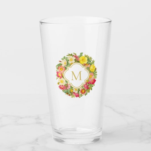 Monogram  Floral Wreath Wilde Rozen Glas (Voorkant)