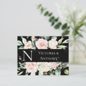 Monogram Floral Zwarte Waterverf sparen de Datum Briefkaart (Staand voorkant)