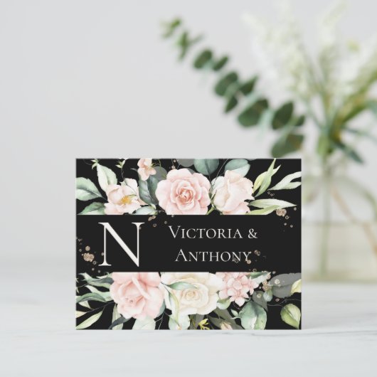 Monogram Floral Zwarte Waterverf sparen de Datum Briefkaart (Staand voorkant)