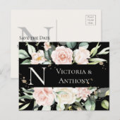 Monogram Floral Zwarte Waterverf sparen de Datum Briefkaart (Voorkant / Achterkant)