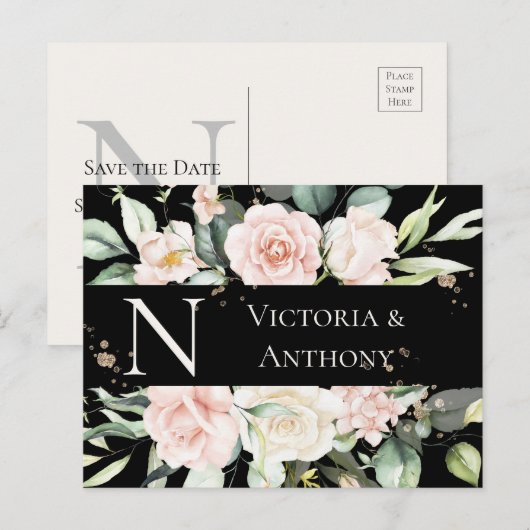 Monogram Floral Zwarte Waterverf sparen de Datum Briefkaart (Voorkant / Achterkant)