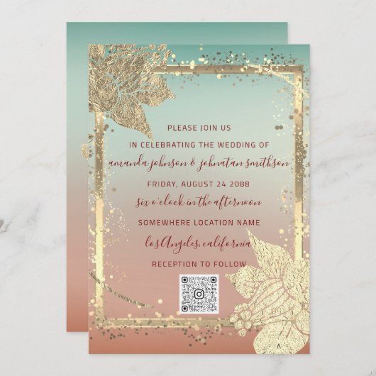 Monogram Florals Faux Gold Lijst QR Code Ombre Kaart (Voorkant / Achterkant)