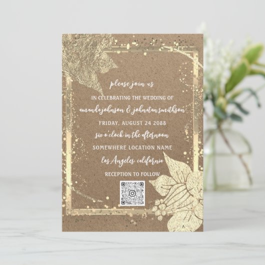 Monogram Florals Foto Gold Lijst QR Code Kraft Kaart (Staand voorkant)