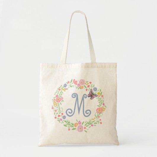Monogram Flower Wreath en Butterfly BOHO Muslin Tote Bag (Voorkant)