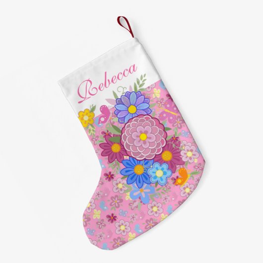 Monogram Flowers and butterfly floral design pink Kleine Kerstsok (Achterkant (Hangend))