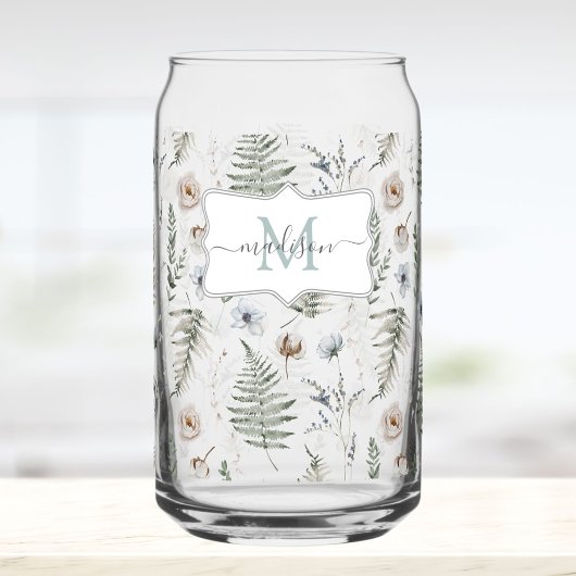 Monogram Flowers and Fern Leaves Floral Botanical Blikvorm Glas