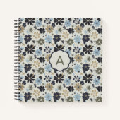 Monogram Flowers Blue Tan Olive Floral Pattern Notitieboek (Voorkant)