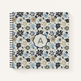 Monogram Flowers Blue Tan Olive Floral Pattern Notitieboek