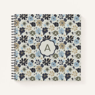 Monogram Flowers Blue Tan Olive Floral Pattern Notitieboek