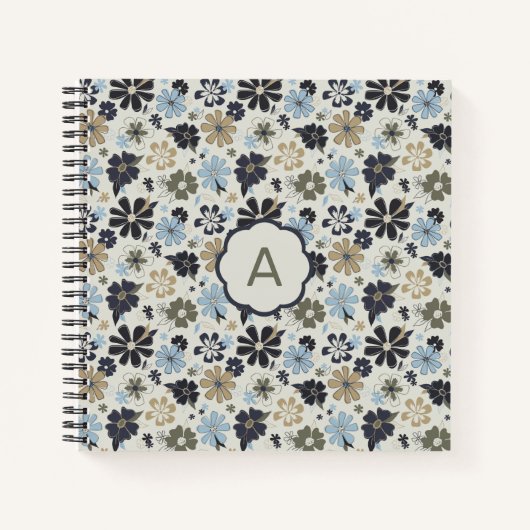 Monogram Flowers Blue Tan Olive Floral Pattern Notitieboek (Voorkant)