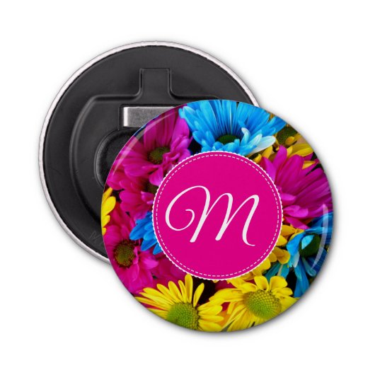 Monogram Flowers in Fluorescent Colors Button Flesopener (Voorkant)