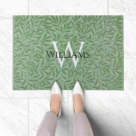 Monogram Foliage William Morris Green Leaves Blue Deurmat