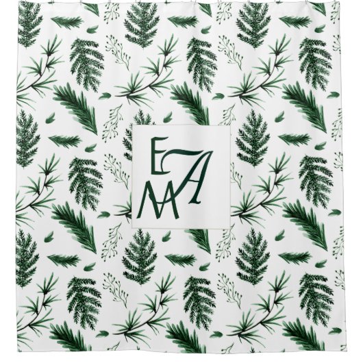 Monogram Forest Green Leaves Botanical 3 Initialen Douchegordijn (Voorkant)