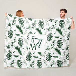 Monogram Forest Green Leaves Botanical 3 Initialen Fleece Deken