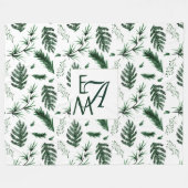 Monogram Forest Green Leaves Botanical 3 Initialen Fleece Deken (Voorkant (Horizontaal))