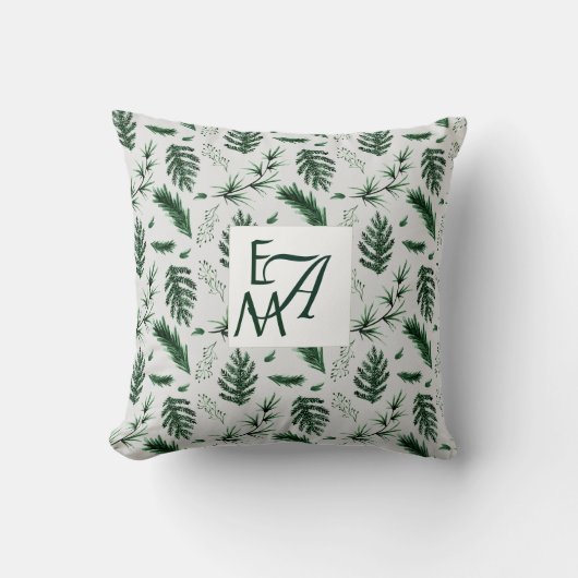Monogram Forest Green Leaves Botanical 3 Initialen Kussen (Voorkant)