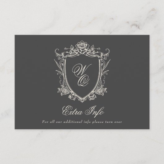Monogram Formal Floral Crest Wedding Info Informatiekaartje (Voorkant)