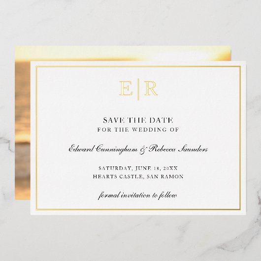 Monogram Formele Foto Weddenschap Bewaardatum Gold Folie Uitnodiging (Voorkant / Achterkant)