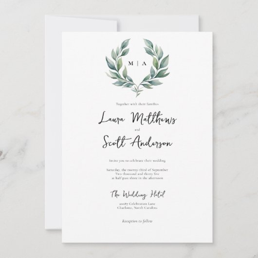 Monogram Formele minimalistische loof bruiloft Kaart (Voorkant)