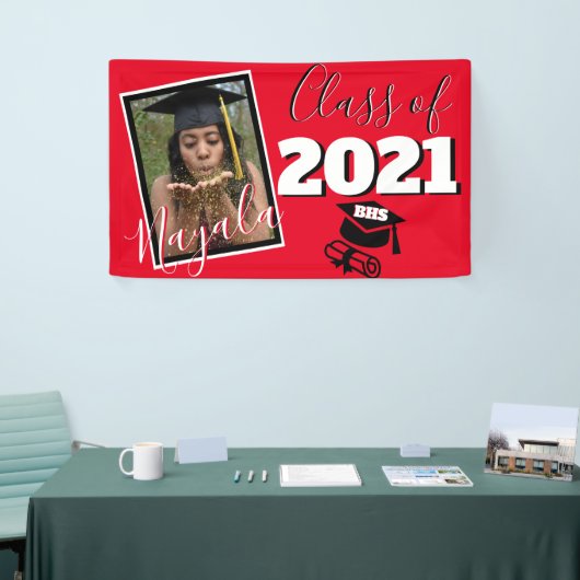 Monogram & Foto Afstuderen Aangepaste kleur rood Spandoek (Beurs)