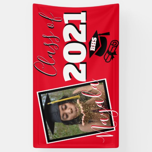 Monogram & Foto Afstuderen Aangepaste kleur rood Spandoek (Verticaal)