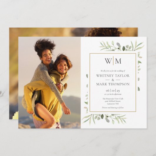 Monogram Foto Botanische Groene Huwelijk Kaart (Voorkant / Achterkant)
