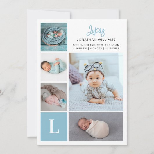 Monogram Foto Collage Baby Birth Aankondiging (Voorkant)