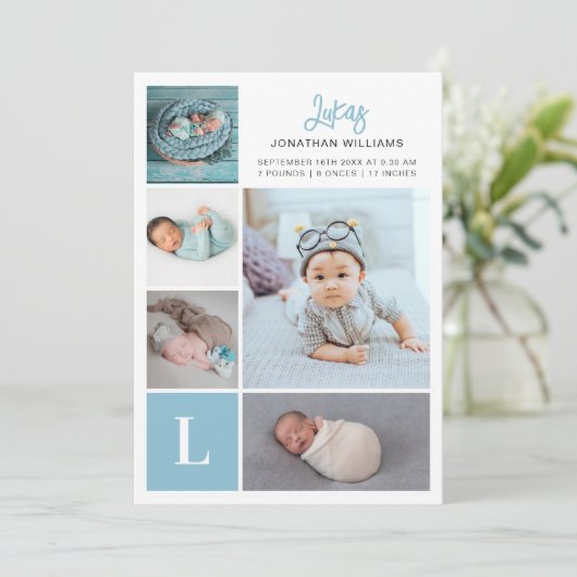 Monogram Foto Collage Baby Birth Aankondiging (Staand voorkant)