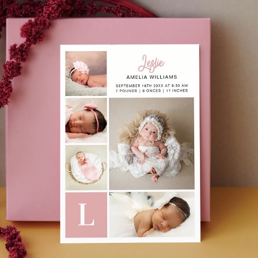 Monogram Foto Collage Baby Girl Birth Aankondiging