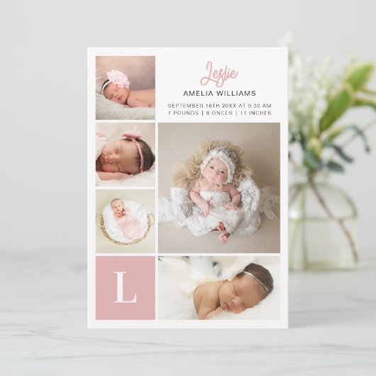 Monogram Foto Collage Baby Girl Birth Aankondiging (Staand voorkant)