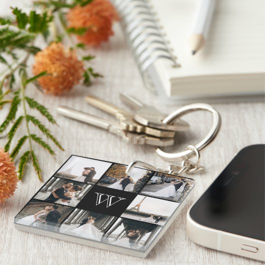 Monogram Foto Collage Black Gift Sleutelhanger (Voorkant Rechts)