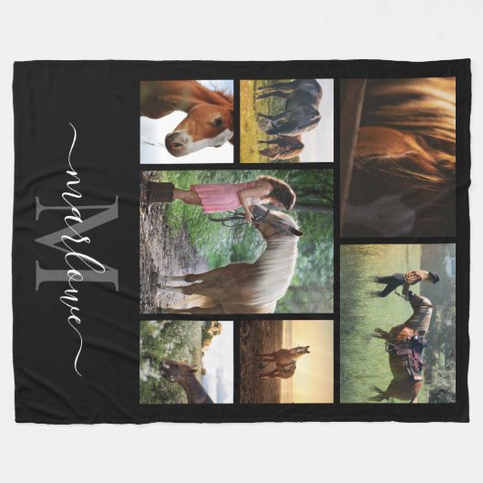 Monogram Foto Collage Black White Naam Fleece Deken (Voorkant (Horizontaal))