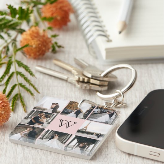 Monogram Foto Collage Blush Pink Sleutelhanger (Voorkant Rechts)